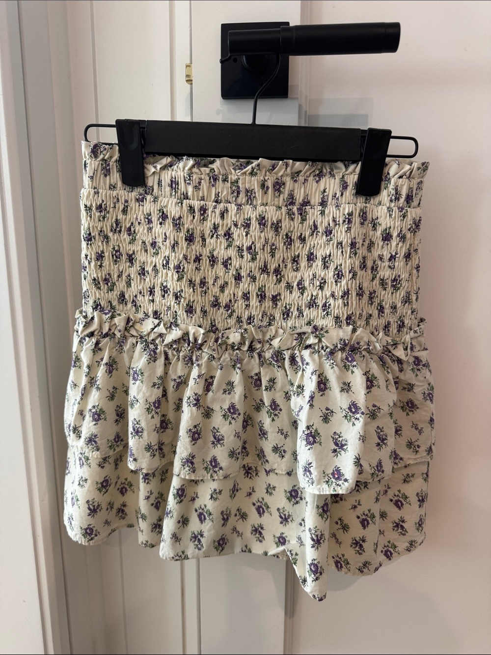Floral Smocked Mini Skirt in Cream with Purple Print